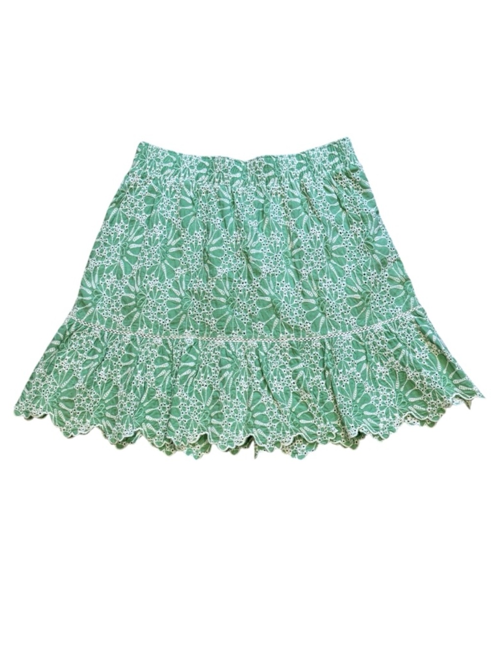 LOFT Green and White Eyelet Floral Embroidery Skirt Elastic Waist Size Small